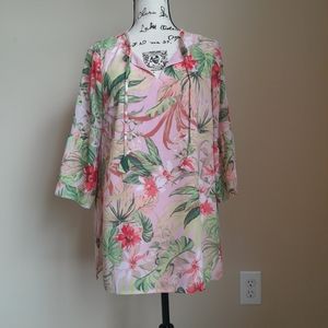 J.Jill tropical floral blouse bell sleeve popover women's XS petite